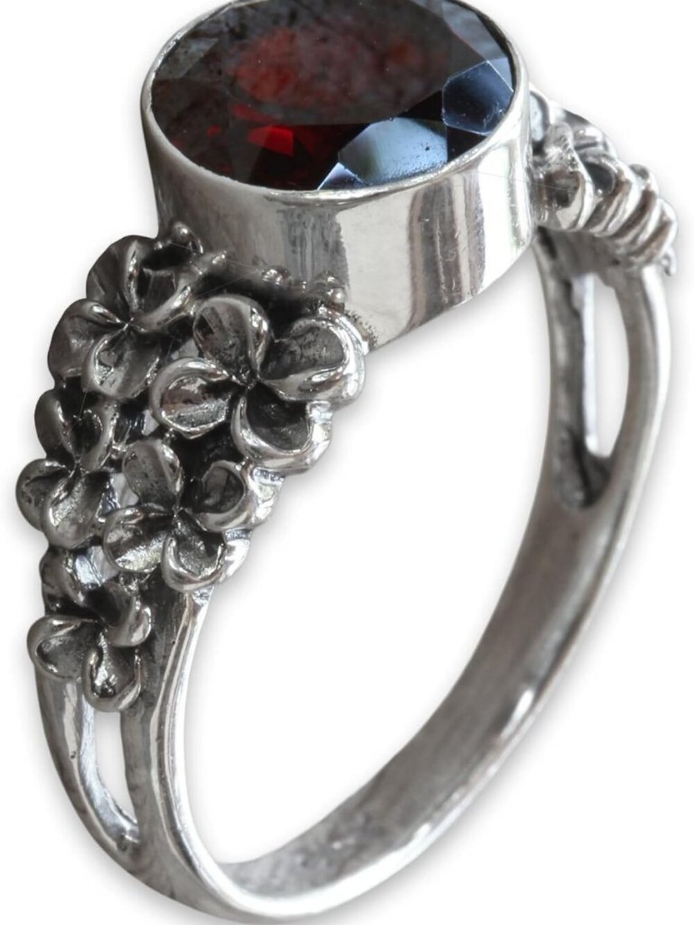Handmade Garnet Flower Ring in .925 Sterling Silver | Red Cocktail Birthstone